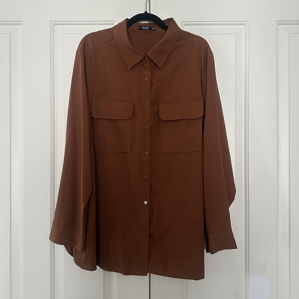 SHEIN Curve Shirt Womens 4XL Brown Button Front Collared Long‎ Sleeve Basic Top